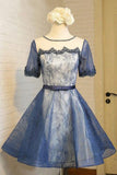 Lace White Short Sleeves Navy Blue Satin Prom Homecoming Dresses Party Dress