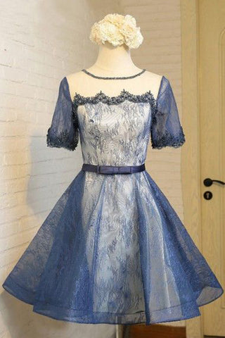 Lace White Short Sleeves Navy Blue Satin Prom Homecoming Dresses Party Dress