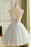 Pearls Cute Silver Lace Tulle Dress Short Prom Homecoming Dresses Party Gowns