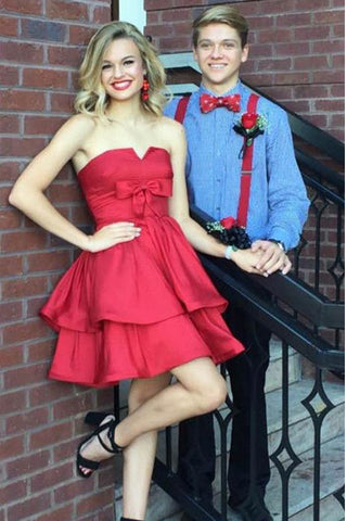 Tiered Short Cute Red Bow Homecoming Dress Prom Party Gowns Graduation Dresses