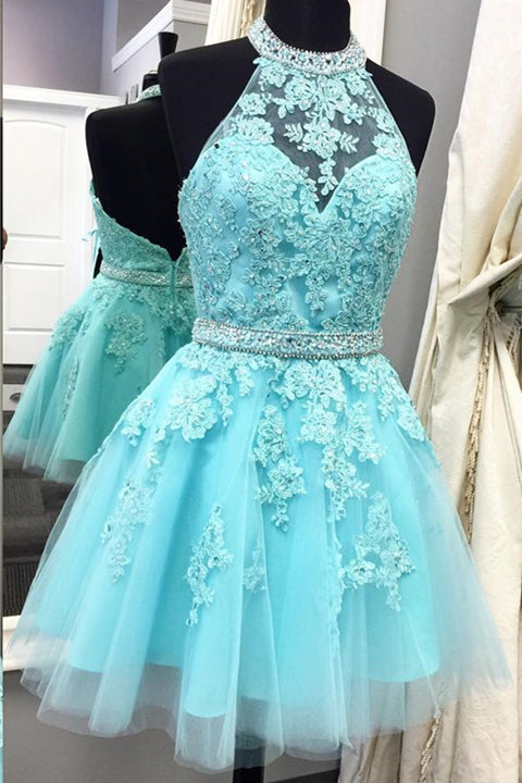 High Neck Ice Blue Lace Open Back Short Homecoming Dress Prom Party Dresses