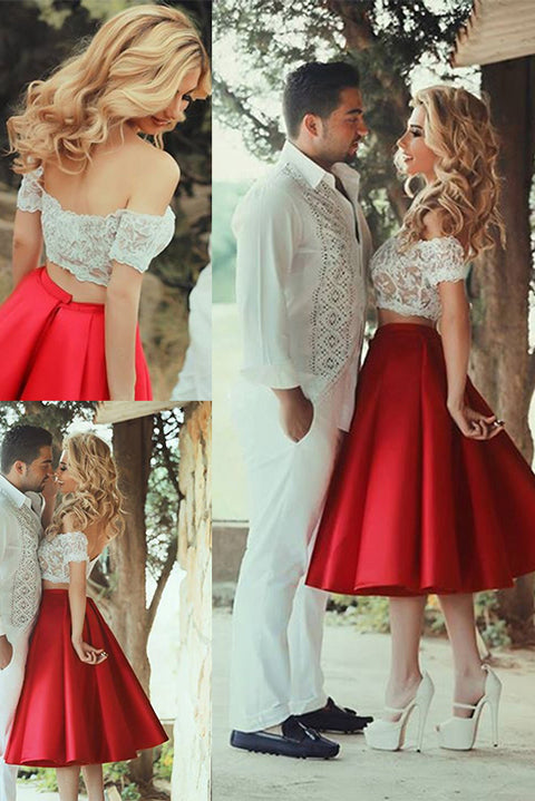 Short Sleeves 2 Pices White Lace Red Tea Length Backless Prom Dress Homecoming Dresses