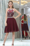 Open Back Burgundy Halter Beaded Short Prom Dress Homecoming Dresses Party Gowns