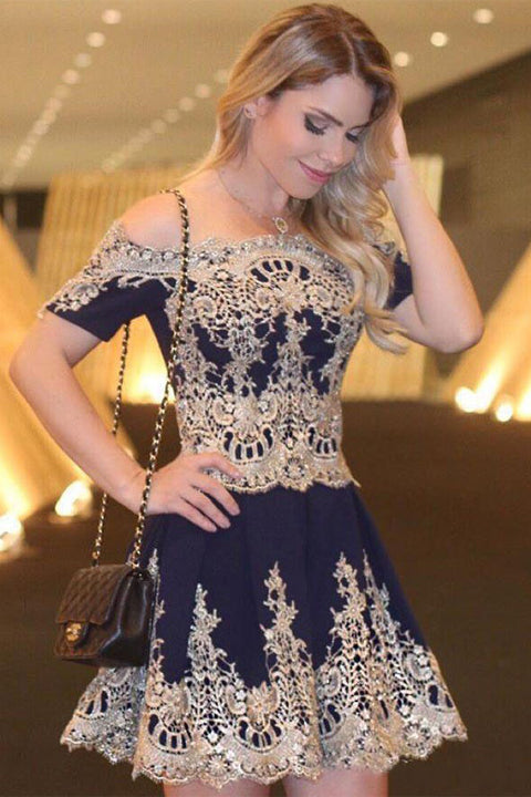 Short Sleeves Mini Charming Navy Blue Length Prom Dress Homecoming Dresses Party Gowns