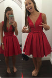 Off the Shoulder Red Satin V Neck Elegant Short Prom Homecoming Dresses Cocktail Dress