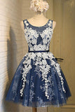 Charming Short Navy Blue Tulle White Lace Homecoming Dresses Prom Party Dress
