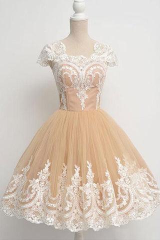 Lace Ball Gown Cap Sleeves Ivory Short Homecoming Dresses Prom Party Dress
