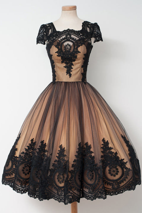 Cap Sleeves Cute Black Lace Short Prom Homecoming Dresses Ball Gown Cocktail Dress