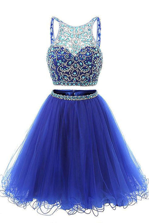 Rhinestones Short Backless Royal Blue 2 Pieces Homecoming Dresses Prom Gowns Cute Dress