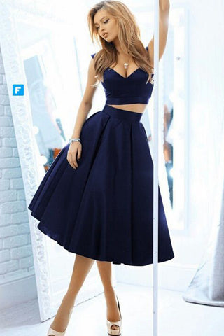 Off the Shoulder 2 Pieces Navy Blue Tea Length Homecoming Dresses Prom Dress