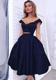 Off the Shoulder 2 Pieces Navy Blue Tea Length Homecoming Dresses Prom Dress