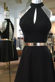 Chiffon Back Halter Black Short Homecoming Dresses Prom Dress With Gold Belt