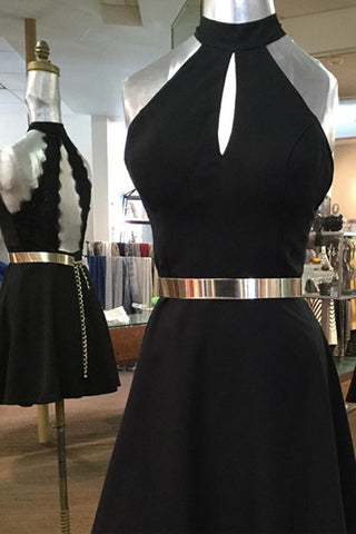Chiffon Back Halter Black Short Homecoming Dresses Prom Dress With Gold Belt