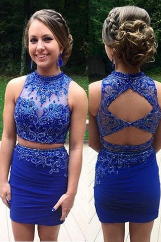 2 Pieces Short Royal Blue Sheath Rhinestones Backless Homecoming Dresses Prom Dress