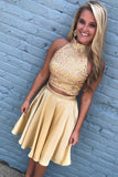 Yellow Short 2 Pieces High Neck Beaded Prom Homecoming Dresses Party Dress