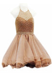 Short Beaded Halter Gold Ball Gown Prom Homecoming Dresses Party Dress