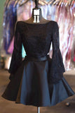 2 Pieces Backless Trumpet Sleeves Black Lace Short Prom Homecoming Dresses Party Gowns