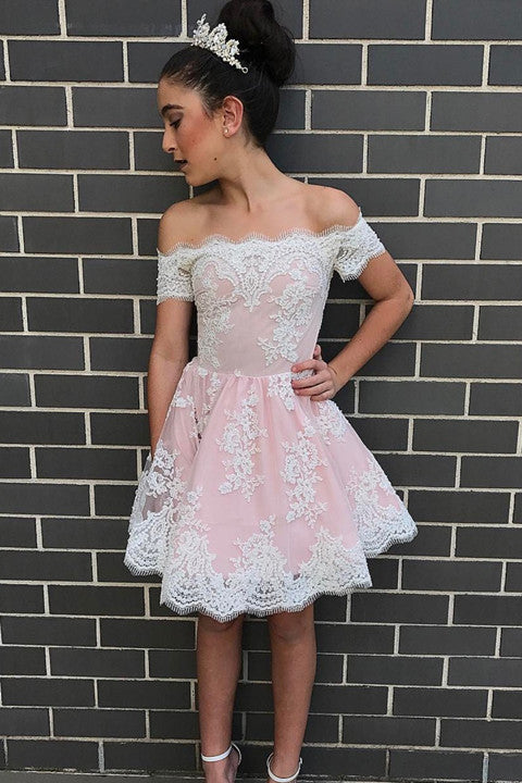 Lace Pink Short Sleeves White Homecoming Dresses Sexy Prom Party Dress