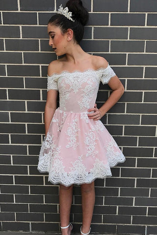 Lace Pink Short Sleeves White Homecoming Dresses Sexy Prom Party Dress
