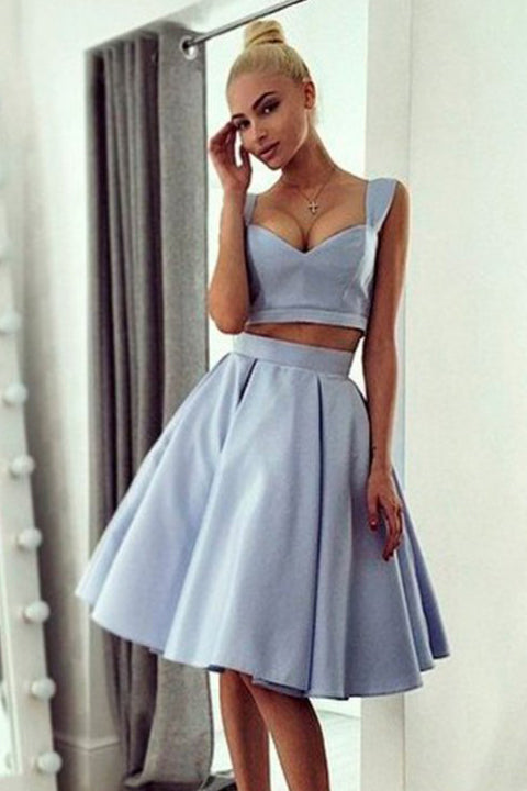 Off the Shoulder Light Blue Satin 2 Pieces Knee Length Prom Homecoming Dresses
