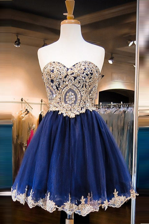 Navy Blue Fashion Gold Lace Short Prom Dresses Homecoming Dress Party Gowns
