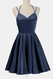 Spaghetti Straps Simple Dark Blue Charming Short Prom Homecoming Dresses Party Gowns