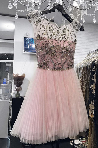 Beads Back V Short Charming Cap Sleeves Pink Prom Homecoming Dresses Cocktail Dress