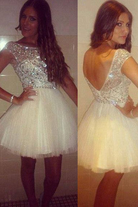 Ivory Crystals Open Back Cap Sleeves Short Prom Dresses Homecoming Dress Party Gowns