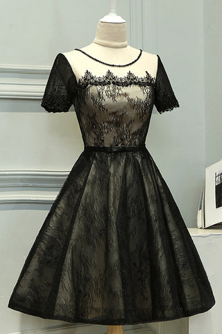 Knee Length Short Sleeves Black Lace Prom Dress Homecoming Dresses Party Gowns