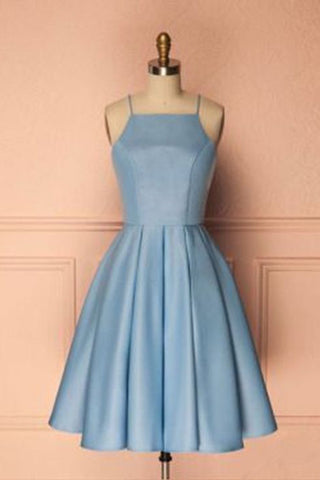 Bodice Elegant Straps Light Blue Satin Short Prom Homecoming Dresses Cocktail Dress