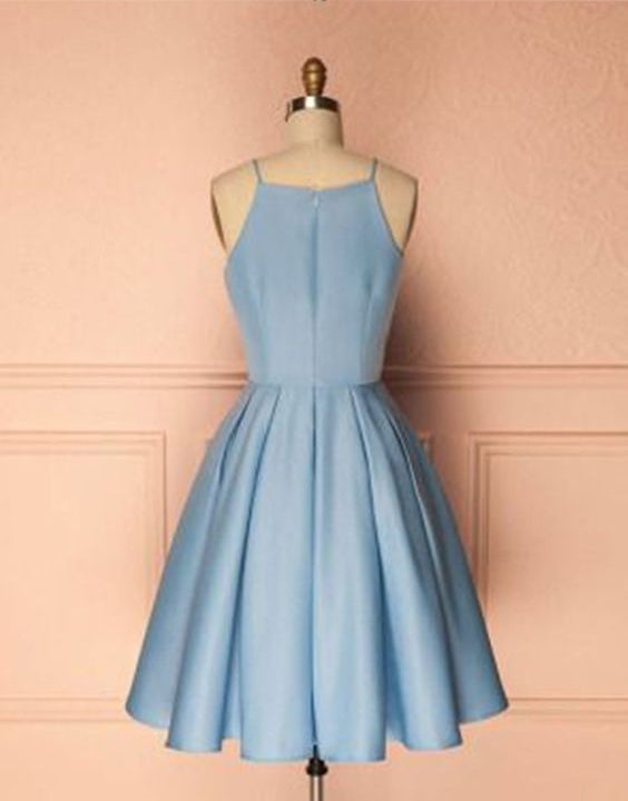 Bodice Elegant Straps Light Blue Satin Short Prom Homecoming Dresses Cocktail Dress