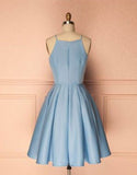 Bodice Elegant Straps Light Blue Satin Short Prom Homecoming Dresses Cocktail Dress