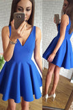 Charming Short V Neck Off the Shoulder Blue Prom Dress Homecoming Dresses Cocktail Gowns