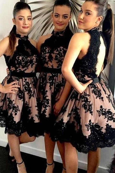 Open Back Black Lace Hater Short Prom Dress Homecoming Dresses Party Gowns