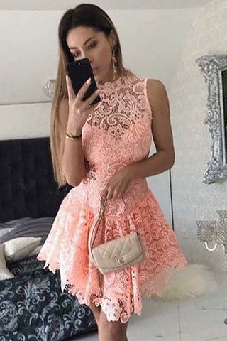 Hi-lo Mini High Neck Lace Length Prom Dresses Homecoming Dress Party Gowns