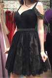 Beadings Short Fashion Straps Black Lace Prom Dresses Homecoming Dress Party Gowns