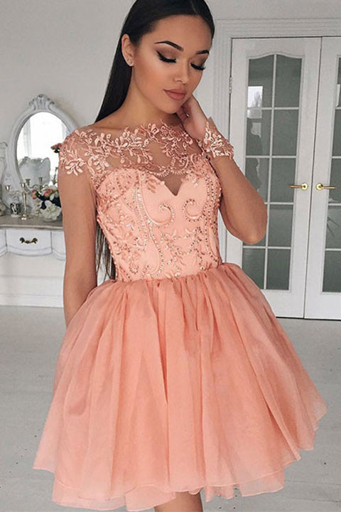 Cap Sleeves Blush Pink Short Prom Dresses Beadings Homecoming Dress Party Gowns