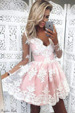 White Long Sleeves V Neck Lace Pink Short Homecoming Dresses Prom Dress Party Gowns