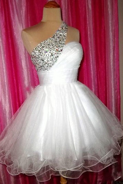 One Shoulder White Tulle Beadings Short Prom Cute Dress Homecoming Dresses For Party