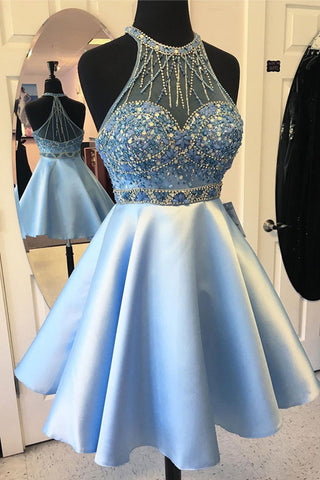 Light Blue New Arrival Halter Beads Chraming Short Prom Dress Homecoming Dresses For Party