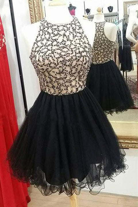 Bodice Black Tulle Beads Short Prom Cute Dresses Homecoming Dress Party Gowns