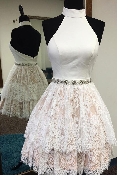 Backless Tiered White Lace Halter Short Prom Dress Homecoming Dresses Party Gowns