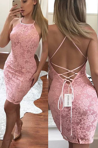 Sexy Open Back Lace Straps Sheath Short Prom Homecoming Dresses Party Cocktail Dress