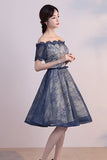 Short Sleeves Dark Blue Lace Knee Length Prom Homecoming Dresses Party Cocktail Dress