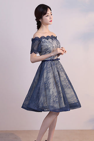 Short Sleeves Dark Blue Lace Knee Length Prom Homecoming Dresses Party Cocktail Dress