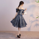 Short Sleeves Dark Blue Lace Knee Length Prom Homecoming Dresses Party Cocktail Dress