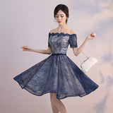 Short Sleeves Dark Blue Lace Knee Length Prom Homecoming Dresses Party Cocktail Dress