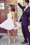 Spaghetti Straps Pink Satin Open Back Short Prom Homecoming Dresses Party Cocktail Dress