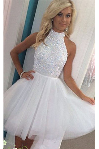 Hot Sales White Beadings Open Back Short Prom Cute Dress Homecoming Dresses Party Gowns