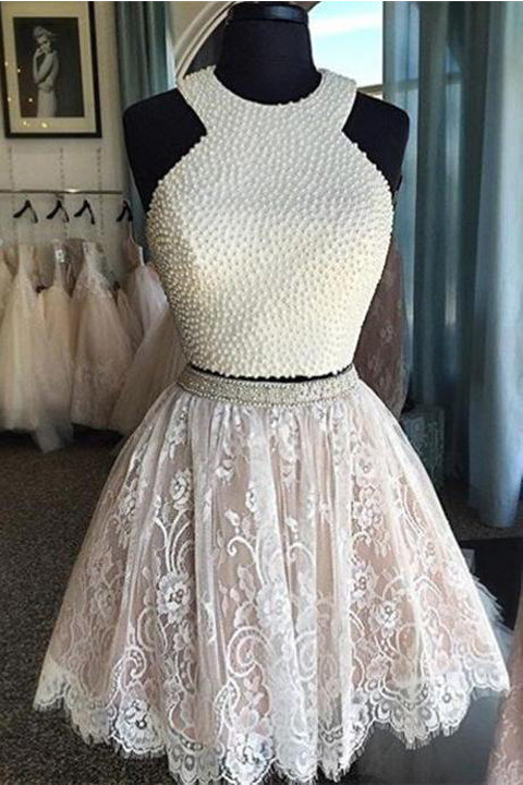 Two Pieces Ivory Lace Pearls Short Prom Cute Homecoming Dresses Party Cocktail Dress